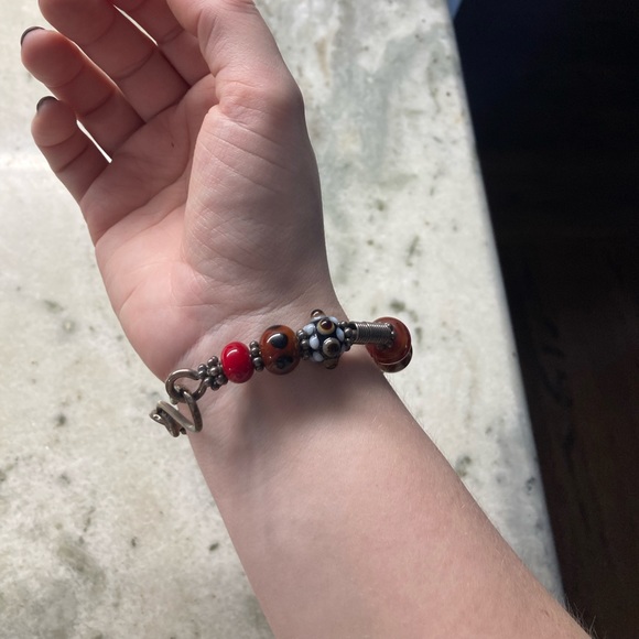 Handmade Artisan Red/Yellow/Blue Glass Beaded Bracelet - Picture 4 of 5
